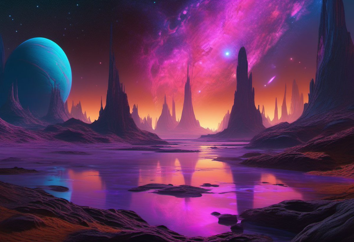 PromptSin's tweet image. A vibrant cosmic landscape where the surreal meets the infinite 🌌🔭 #Surrealism #DigitalArt #CosmicWonder
