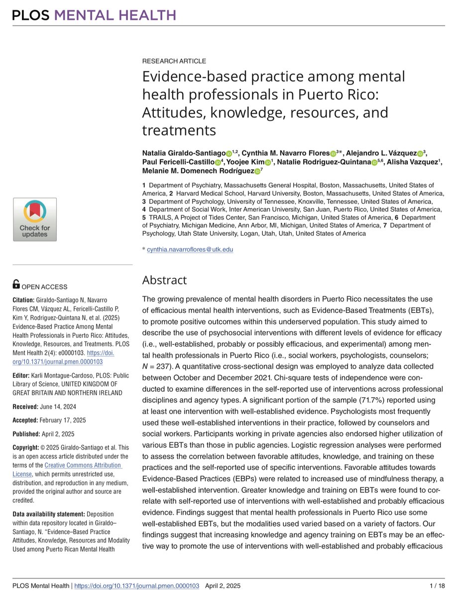 Alejandro L. Vázquez, PhD (@alvazquezphd) on Twitter photo 🚨New pub🚨
Evidence-based practice among mental health professionals in Puerto Rico: Attitudes, knowledge, resources, and treatments.
Thanks to <a href="/natgiraldosa/">Natalia Giraldo-Santiago, PhD</a> and <a href="/CMNavarroFlores/">Cynthia M. Navarro Flores, PhD (she/her/hers/ella)</a> for their leadership on this paper!🎉🎊
doi.org/10.1371/journa… 🚨New pub🚨
Evidence-based practice among mental health professionals in Puerto Rico: Attitudes, knowledge, resources, and treatments.
Thanks to <a href="/natgiraldosa/">Natalia Giraldo-Santiago, PhD</a> and <a href="/CMNavarroFlores/">Cynthia M. Navarro Flores, PhD (she/her/hers/ella)</a> for their leadership on this paper!🎉🎊
doi.org/10.1371/journa…