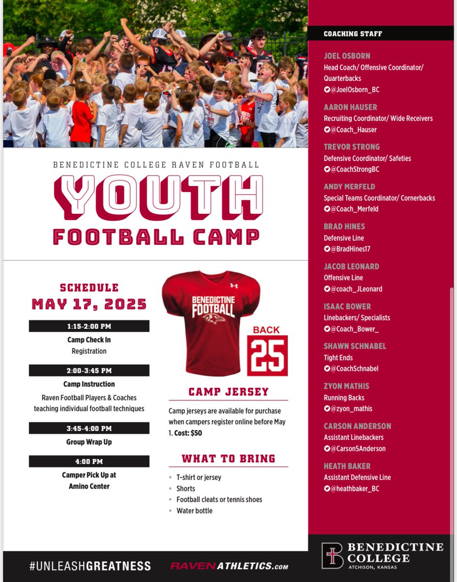Our annual Youth Camp will be held on Saturday, May 17th!  
The online signup link is live! 

Registration : apply.benedictine.edu/register/?id=7…