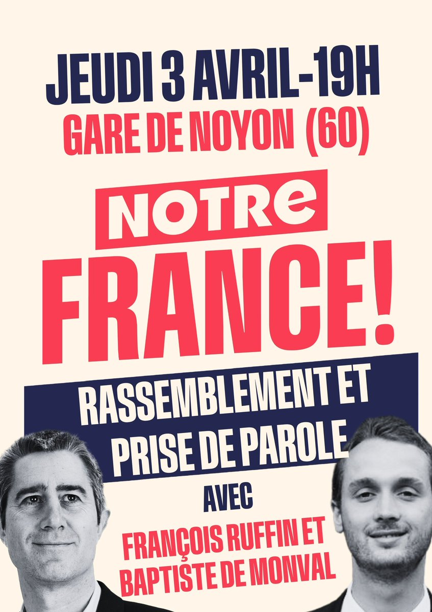 🇫🇷 Notre France ne s’écrit pas qu’à Montreuil, elle s’écrit aussi à Noyon !

Rendez-vous ce soir à 19h, place de la gare, pour un grand moment de rassemblement et de prise de parole avec François Ruffin et Baptiste de Monval.

Parce que les couleurs de notre pays se dessinent