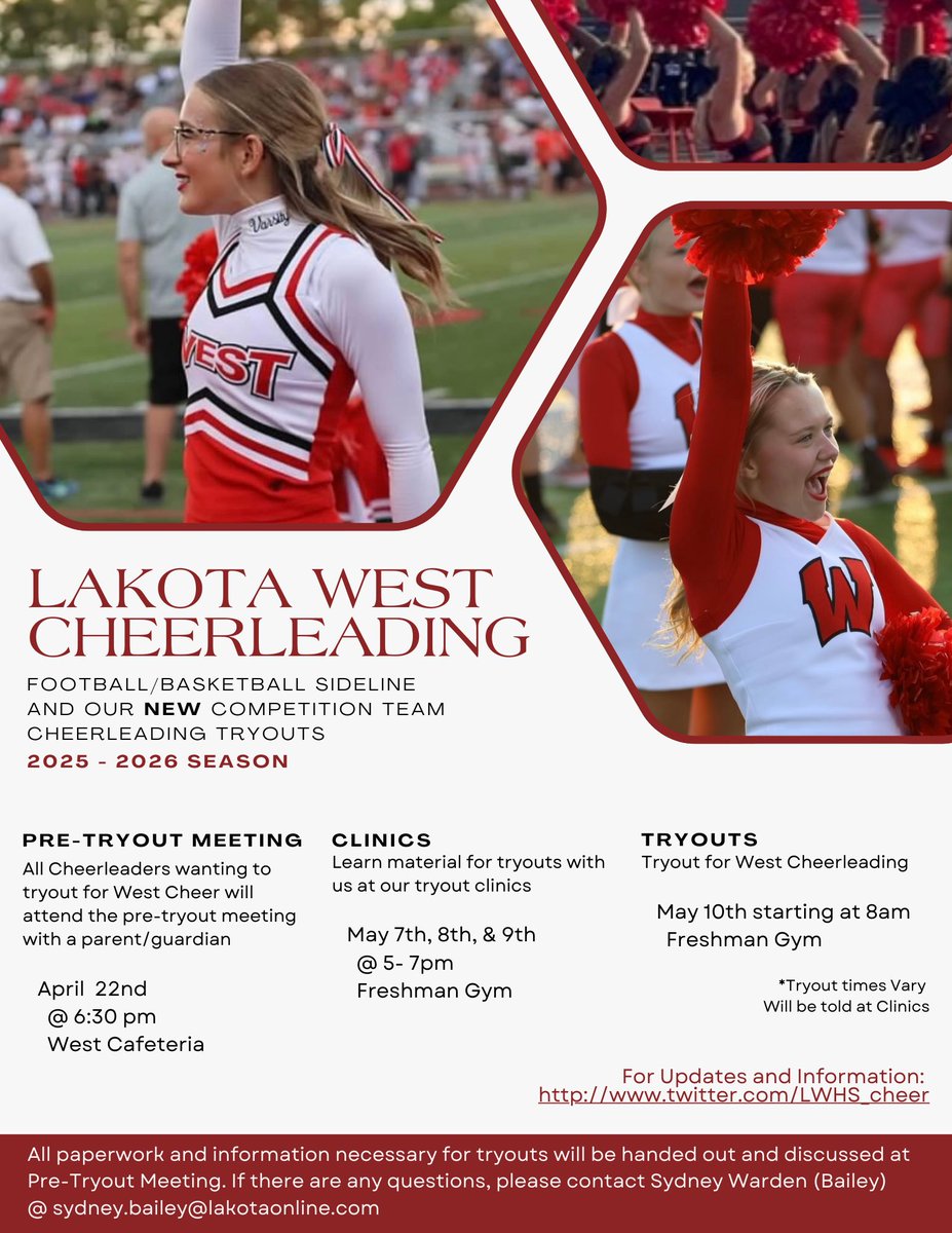 Lakota West Cheerleading Tryouts!!! Tryouts are open to all incoming 9th-12th grade West Athletes.

**Pre-Tryout Meeting is MANDATORY for all athletes interested in tryout out for and learning about our program.