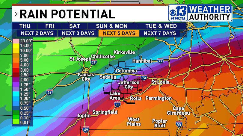 We have three rounds of rain starting today through Saturday. Severe weather looks unlikely in #midmo but there will be some heavy rain in our southeastern counties. Southeast MO could se flooding with potentially 3-6" rain from today through Saturday night.