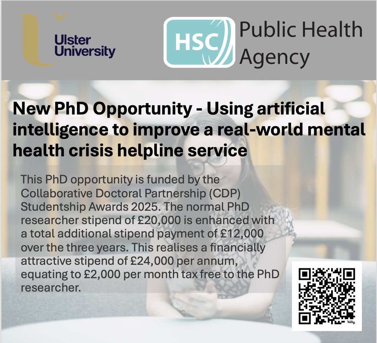 ✨ Maurice Mulvenna ✨ (@mauricemulvenna) on Twitter photo Are you a final year undergraduate who really wants to #MakeADifference? Apply now for our joint PhD project with <a href="/publichealthni/">Public Health Agency</a> analysing anonymised Lifeline service call data to identify patterns in caller behaviour and counsellor responses 🗓️ 16/5/25 bit.ly/LIAISE Are you a final year undergraduate who really wants to #MakeADifference? Apply now for our joint PhD project with <a href="/publichealthni/">Public Health Agency</a> analysing anonymised Lifeline service call data to identify patterns in caller behaviour and counsellor responses 🗓️ 16/5/25 bit.ly/LIAISE