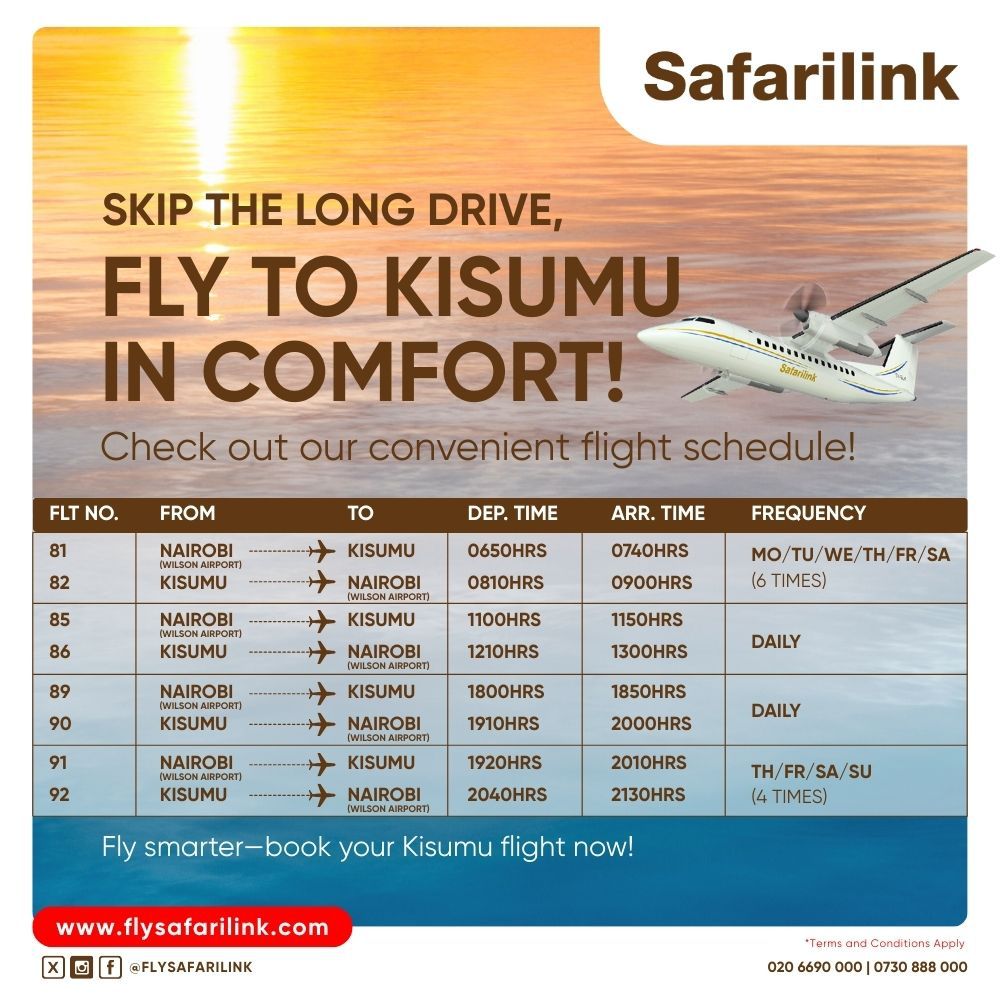 Exciting news! 4th frequency to Kisumu offering the last flight of the day! Starting TODAY 3rd April 2025, with flights every Thu, Fri, Sat &amp; Sun. Depart Wilson at 1920hrs | Depart Kisumu at 2040hrs. Book now on flysafarilink.com and enjoy 15% off using coupon code KISUMU4.