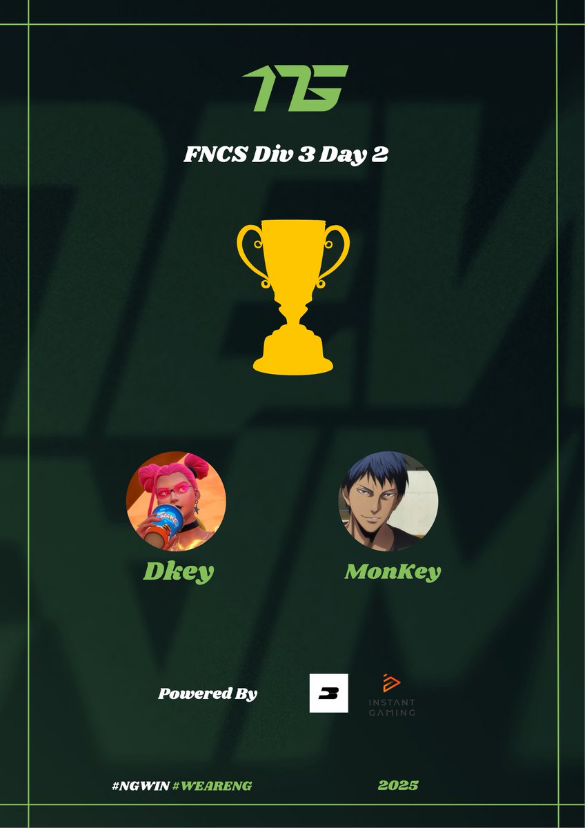 Nos joueurs <a href="/Dkey_8/">NG DKey_8</a> &amp; <a href="/MonKeyFTNBR/">MonKey</a> sont prêt à arracher cette deuxième journée de FNCS Div 3,
Tout les deux avec leur trio respectifs ! 

Go aller faire ses 350 pts ou plus qui nous manque pour ce qual en Div 2 ! 🏆

#NGWIN #WEARENG