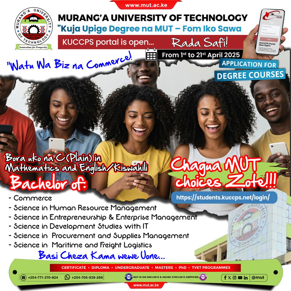 MurangaUni's tweet image. 📊 Chapa Degree ya Commerce na MUT!
Career iko loaded na options kama:
✅ HR Management
✅ Entrepreneurship
✅ Procurement &amp;amp; Logistics
🔗 Apply Sasa – Deadline: 21st April 2025
#MUT #BizGoals #kuccpsplacement #DegreeSuccess