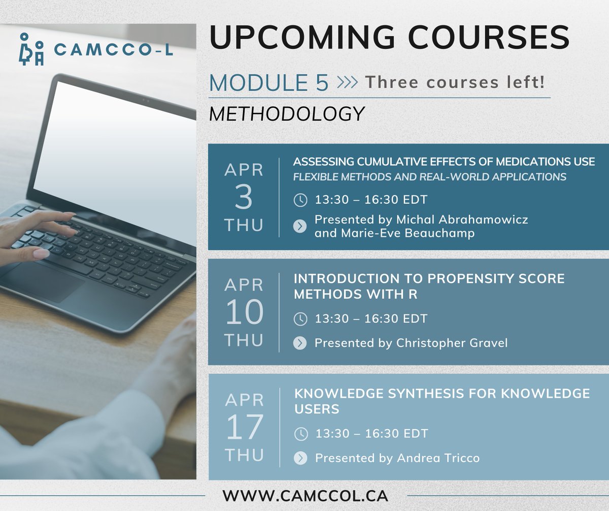 CAMCCO-L (@camccol) on Twitter photo UPCOMING COURSES 💻✨
Join us TODAY at 13:30 EDT for a biostatistics course on modeling approaches for analyzing associations between a time-varying exposure and time to a clinical endpoint, featuring Drs. Abrahamowicz & Beauchamp from <a href="/RIMUHC1/">Research Institute of the MUHC (The Institute)</a>! 👉 bit.ly/3Nu6bus UPCOMING COURSES 💻✨
Join us TODAY at 13:30 EDT for a biostatistics course on modeling approaches for analyzing associations between a time-varying exposure and time to a clinical endpoint, featuring Drs. Abrahamowicz & Beauchamp from <a href="/RIMUHC1/">Research Institute of the MUHC (The Institute)</a>! 👉 bit.ly/3Nu6bus
