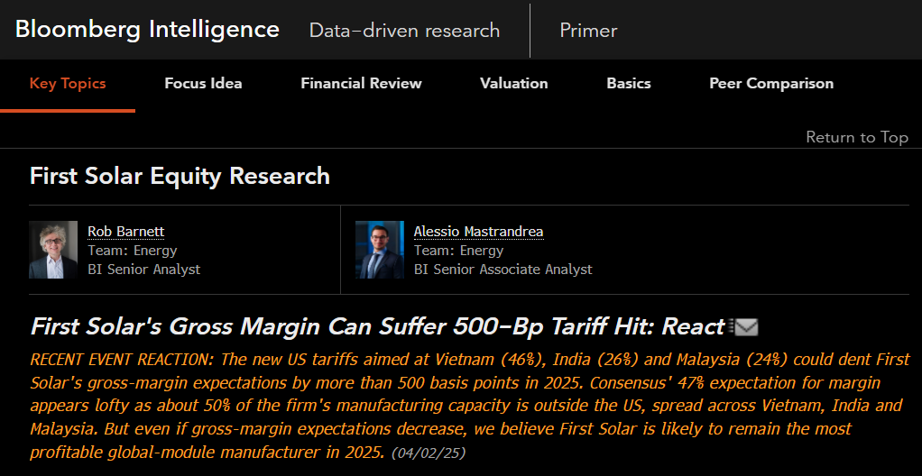 Tariffs are shaking energy markets in all sorts of ways.
+There's a potential oil demand hit says <a href="/salihenergy/">Salih Yilmaz</a> 
+First Solar and other solar suppliers could see margins dip due to supply-chain exposure in places like Vietnam, Malaysia, etc.
Stay up to speed by visiting BI<GO> on