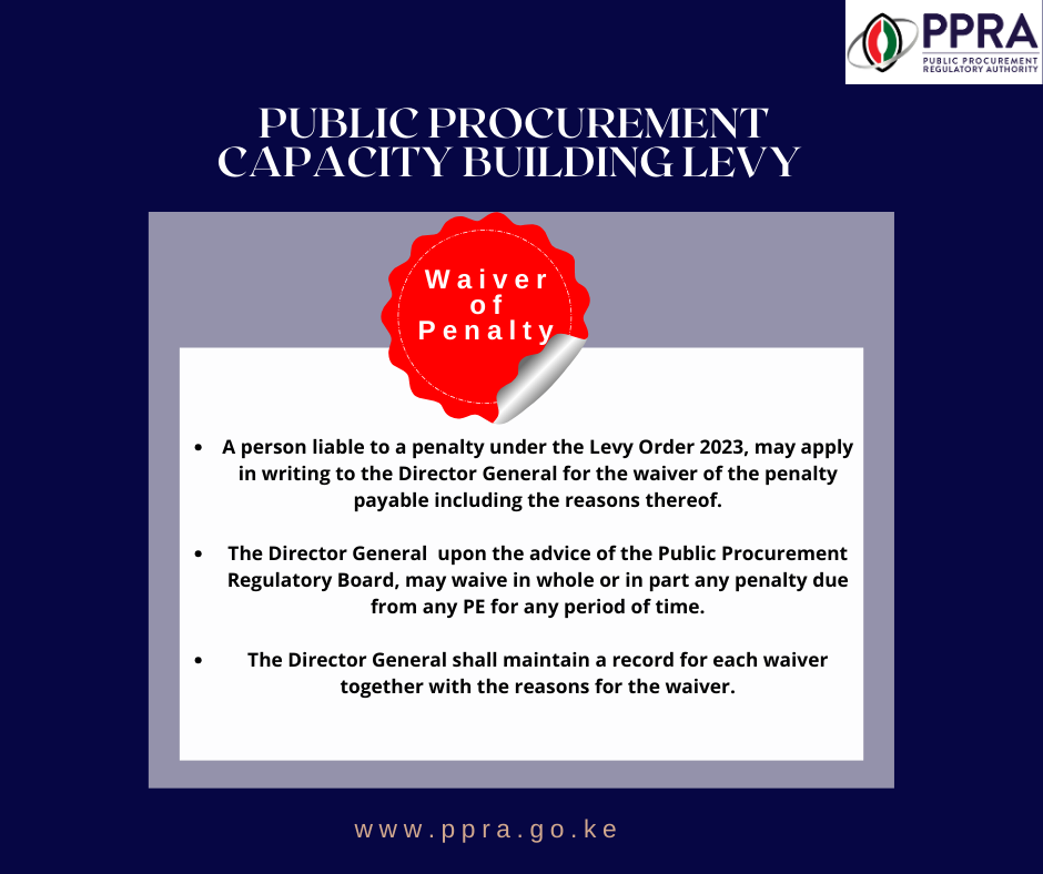 PPRAKenya's tweet photo. Under specific conditions, Procuring Entities may qualify for a waiver on the Public Procurement Capacity Building Levy.
#levyexplained
#upholdingprocurementstandards
#knowledgeonprocurement https://t.co/txXrrszmC1