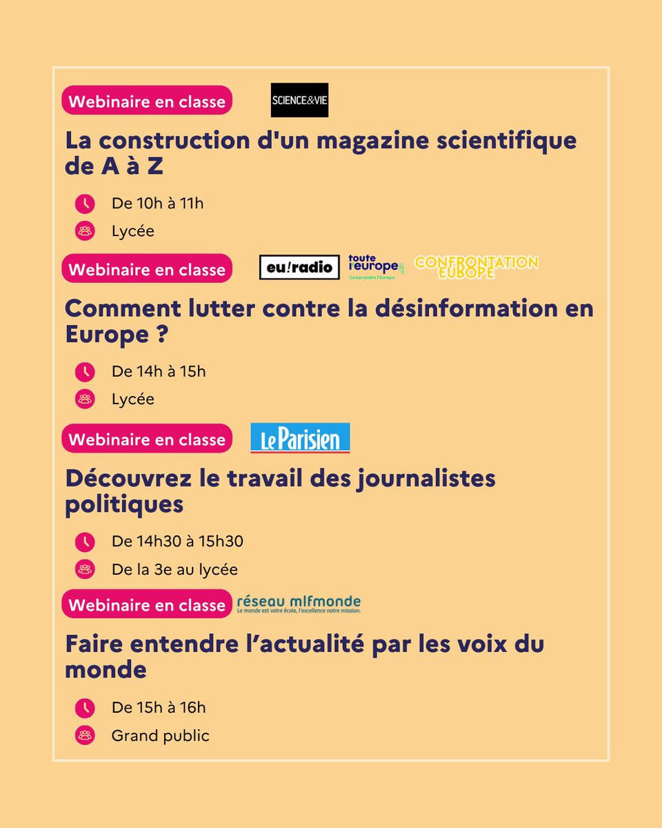 C'est encore la #SPME2025 ! Nos partenaires proposent chaque jour de nombreux webinaires, à suivre pour se former ou avec ses élèves !

Découvrez le programme du 3 avril 🗣️

⏯️ Toutes les infos, inscriptions et replays sur clemi.fr/actions-educat…