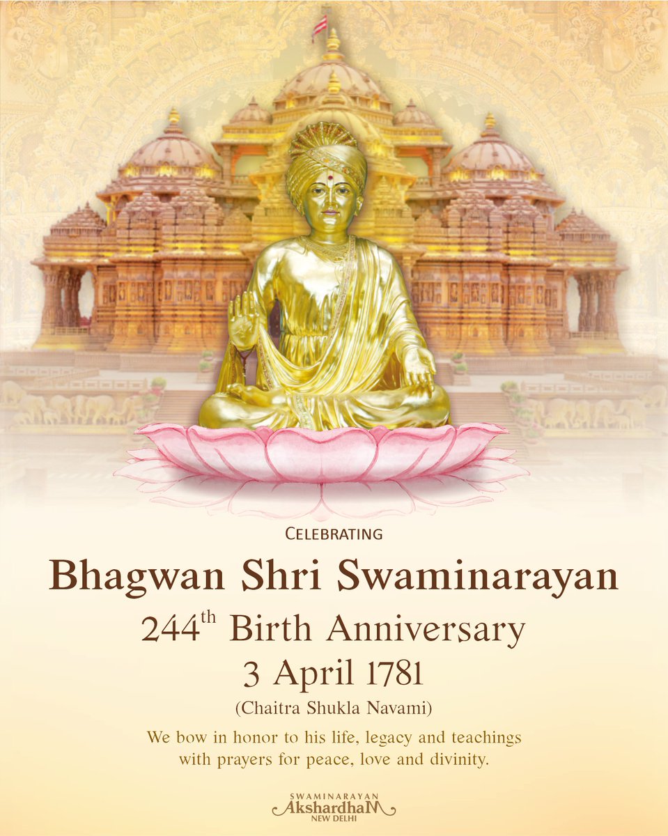 ✨ 244th Birth Anniversary of Bhagwan Swaminarayan

On 3 April 1781, he manifested to revive dharma &amp; uplift countless souls. His life &amp; work inspires.

We bow &amp; pray for peace &amp; divinity.

#SwaminarayanJayanti 
#BhagwanSwaminarayan 
#BAPS #Swaminarayan  #Akshardham