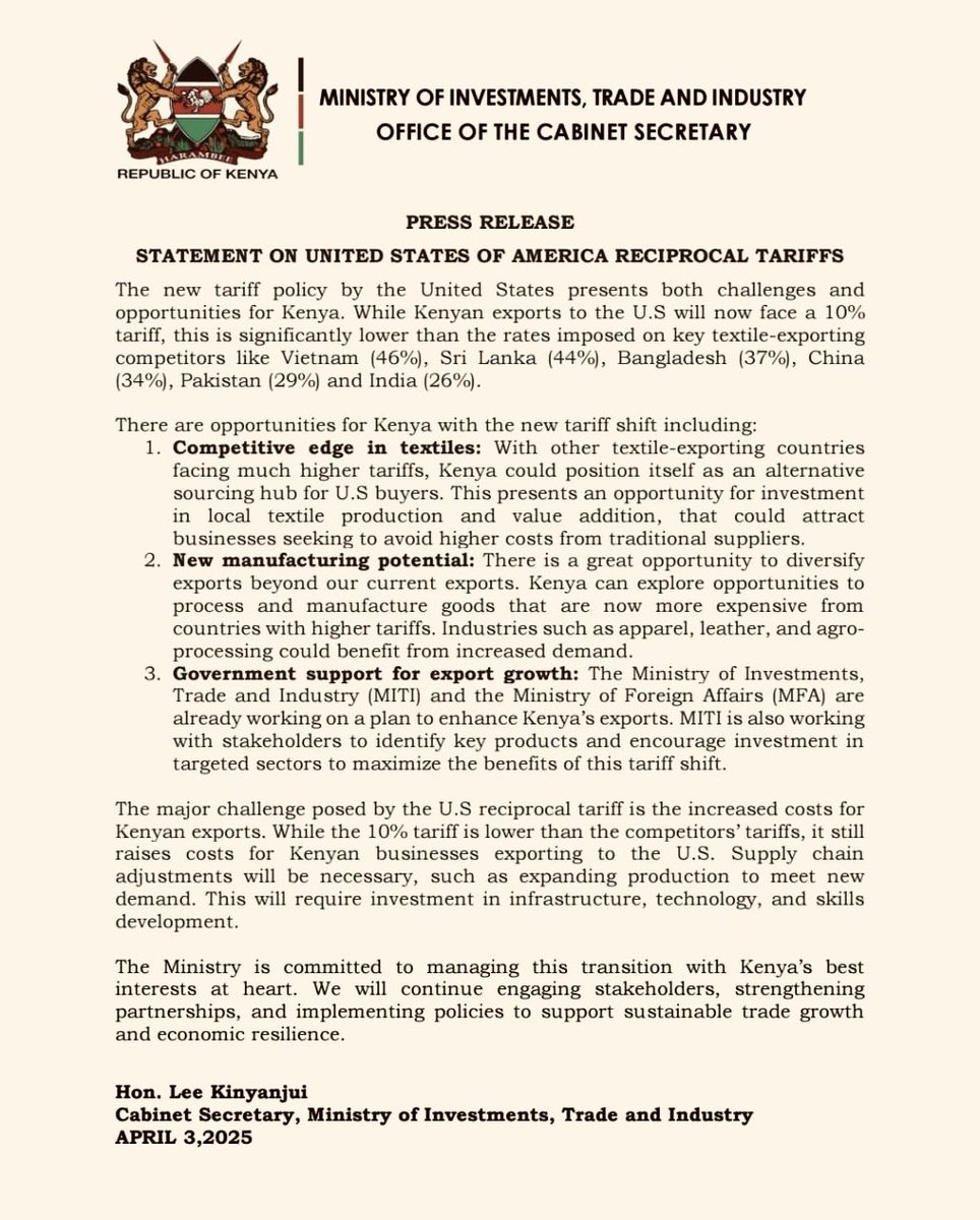 Statement by Lee Kinyanjui, CS Trade regarding the reciprocal tariffs that have been imposed by the U.S on all countries. The CS says that as much as the tariffs present a challenge, they also provide opportunities for Kenya.