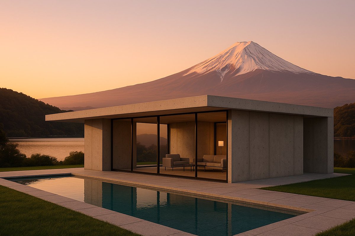DALL-E 2022 vs ChatGPT 2025

Prompt: mid century house made of solid concrete with floor to ceiling windows and a pool in japan with mount fuji in the background during sunset in a minimalist style