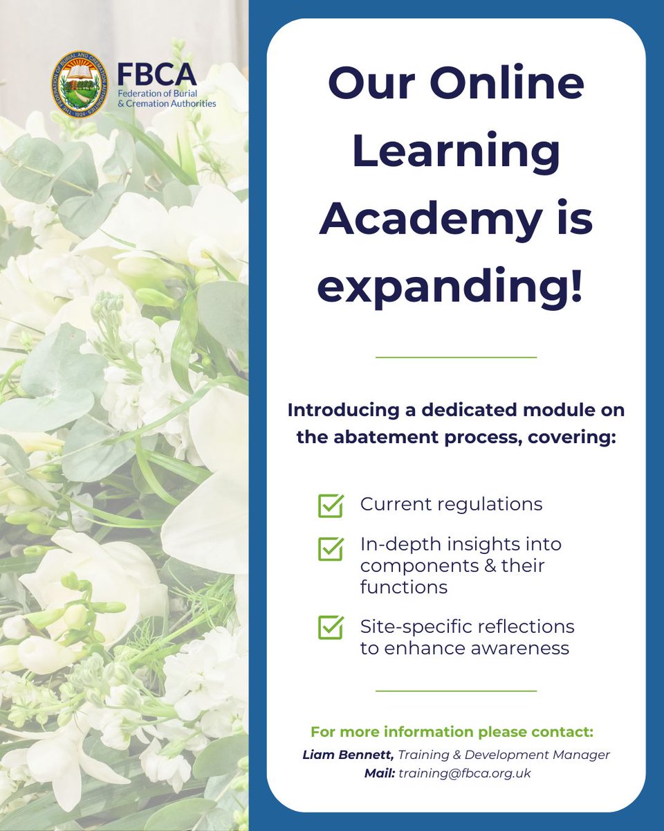 Another great development which will help to raise standards within the UK Crematoria &amp; Cemetery Sector. 

Courses are currently free to anyone holding a Certificate of Proficiency to Cremate recognised in the Statutory Guidance for Crematoria (PG 5/2 -12)