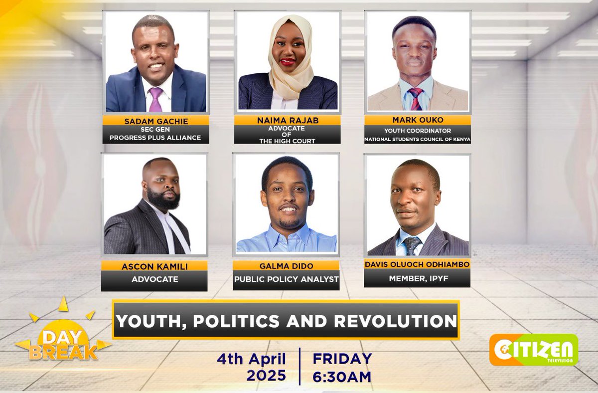 Nimraj (@naimarajab) on Twitter photo Join me tomorrow at 6:30 a.m. on <a href="/citizentv/">Citizen Tv</a> to discuss how far ON the table youth need to be involved in shaping politics in Kenya with specific focus on minority/marginalized communities in Kenya.
#YouthParticipation #Politics Join me tomorrow at 6:30 a.m. on <a href="/citizentv/">Citizen Tv</a> to discuss how far ON the table youth need to be involved in shaping politics in Kenya with specific focus on minority/marginalized communities in Kenya.
#YouthParticipation #Politics