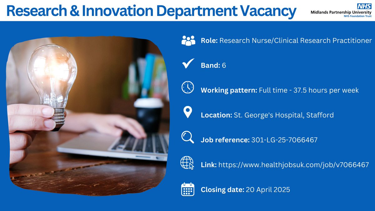 New vacancy within the #MPFTResearch Team!

👤Research Nurse/Clinical Research Practitioner
📍St. George's Hospital, Stafford
📅Closing: 20/04/25

Apply here: healthjobsuk.com/job/v7066467

#StaffordJobs #StaffordshireJobs #NHSJobs #MPFTJoinUs #MPFTJobs
