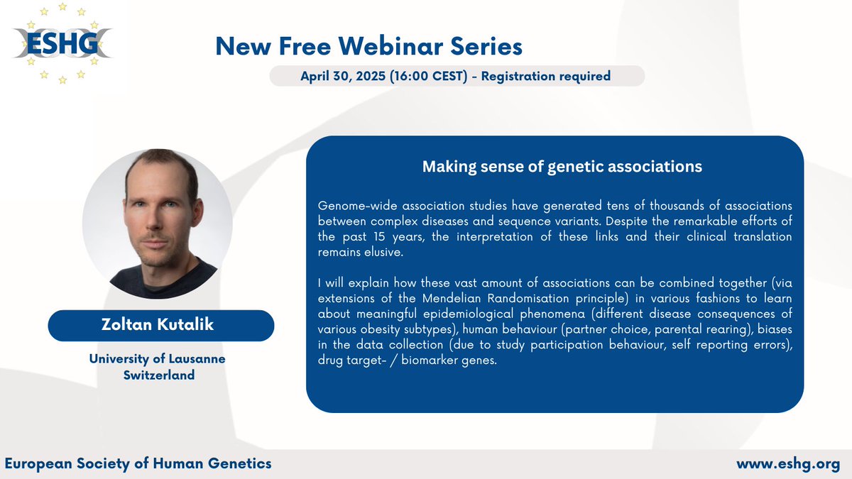 The recording of the second episode of our #ESHG Webinar Series is now on YouTube.   

🔜 Episode 3 – April 30, 16:00 CEST  
📌 "Making sense of genetic associations"  
🎙️ Zoltan Kutalik 

Join for free on Zoom!  Register here: buff.ly/l6d0fai