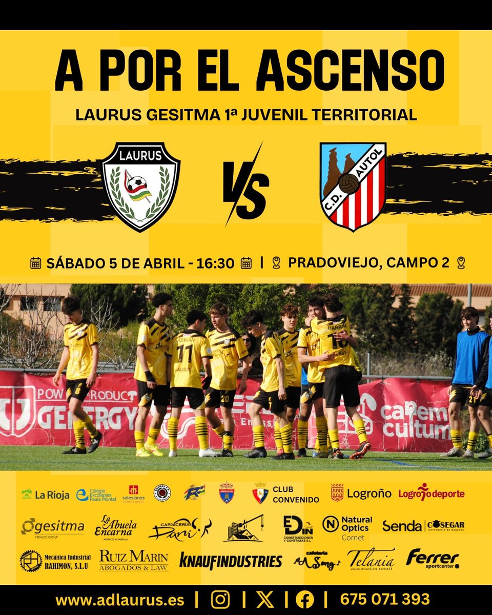 infolaurus's tweet photo. 1ª JUVENIL TERRITORIAL | Nuestros chicos ganando su partido no dependerían de otros resultados y ascenderían de categoría.

¡Acudamos todos a animar al equipo!

¡Vamos Laurus!

💛🖤💛🖤

#SomosLaurus🐝
#SomosCantera🐝 https://t.co/O0MbUKc9Cf