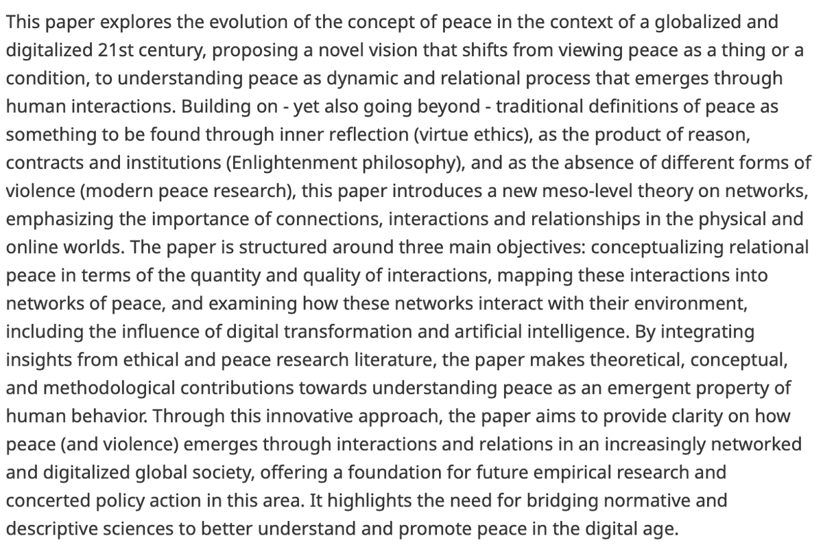 Data & Policy (@data_and_policy) on Twitter photo New article!
“Doing Peace”: Conceptualizing relational peace through interactions and networks in a digitalized world
➡️ bit.ly/3FR6vmq
By <a href="/EvelyneTauchni1/">Evelyne Tauchnitz</a>
<a href="/UniLuzern/">Universität Luzern</a> <a href="/CIGIonline/">CIGI</a> #peace #conflict #technology #AI New article!
“Doing Peace”: Conceptualizing relational peace through interactions and networks in a digitalized world
➡️ bit.ly/3FR6vmq
By <a href="/EvelyneTauchni1/">Evelyne Tauchnitz</a>
<a href="/UniLuzern/">Universität Luzern</a> <a href="/CIGIonline/">CIGI</a> #peace #conflict #technology #AI