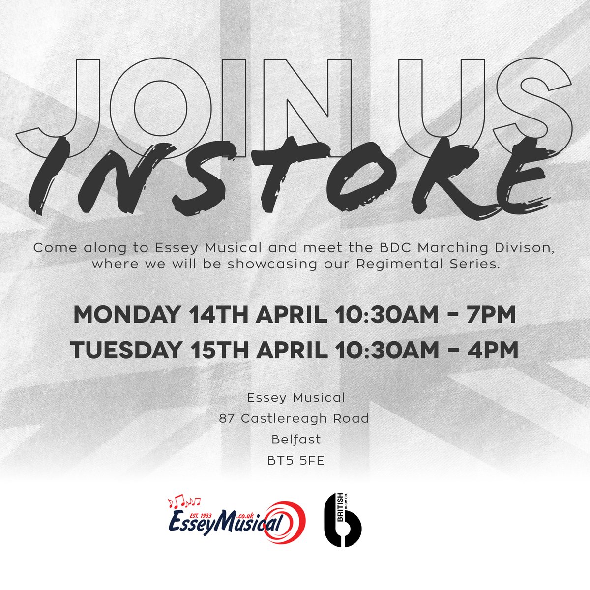 britishdrumco's tweet image. Visit us at Essey Musical! 🎶  

On April 14th and 15th, our International Sales Director for the Marching Division, Stu Warmington, will be in-store presenting our Regimental Series drums. 

#regimental #belfast #britishdrumco #drumcorps #marching #marchingdrums #drummer