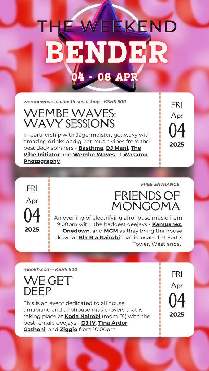 sharmuthui's tweet photo. A new event calendar guide courtesy of @NairoBopFiesta
The Weekend Bender is our new schedule as we bring back the biweekly calendars. This will be a guide for your weekends (Fri-Sun).
Stay up to date with events taking place near you.
Happy Eventing Folks β¨β€οΈ https://t.co/FbDmM9hZEA