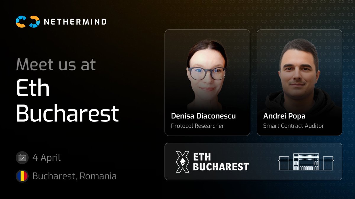 Nethermind (@nethermindeth) on Twitter photo ๐ขNethermind is bringing our expertise in ZK Rollups and Web 3 security to <a href="/ETHBucharest_/">ETH Bucharest</a> tomorrow on April 4th!๐
Join us for an insightful talk and panel by Nethermind subject matter experts!
1โฃWeb3 security ecosystem
๐2:00 PM GMT+3 on the Rethink Stage
Catch Andrei ๐ขNethermind is bringing our expertise in ZK Rollups and Web 3 security to <a href="/ETHBucharest_/">ETH Bucharest</a> tomorrow on April 4th!๐
Join us for an insightful talk and panel by Nethermind subject matter experts!
1โฃWeb3 security ecosystem
๐2:00 PM GMT+3 on the Rethink Stage
Catch Andrei