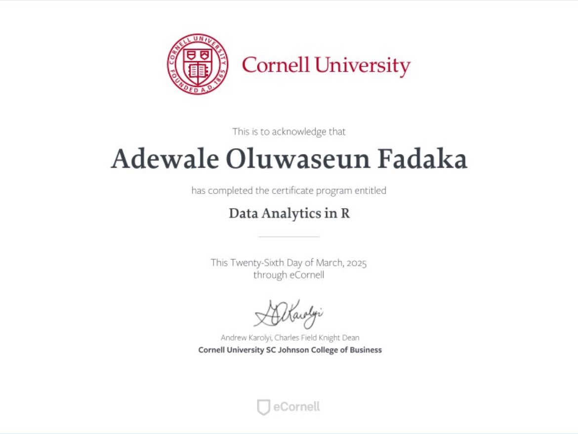 Certified in Data Analytics in R from Cornell! Now I can make pretty graphs and pretend I know what I’m doing. #Rstats #DataGeek