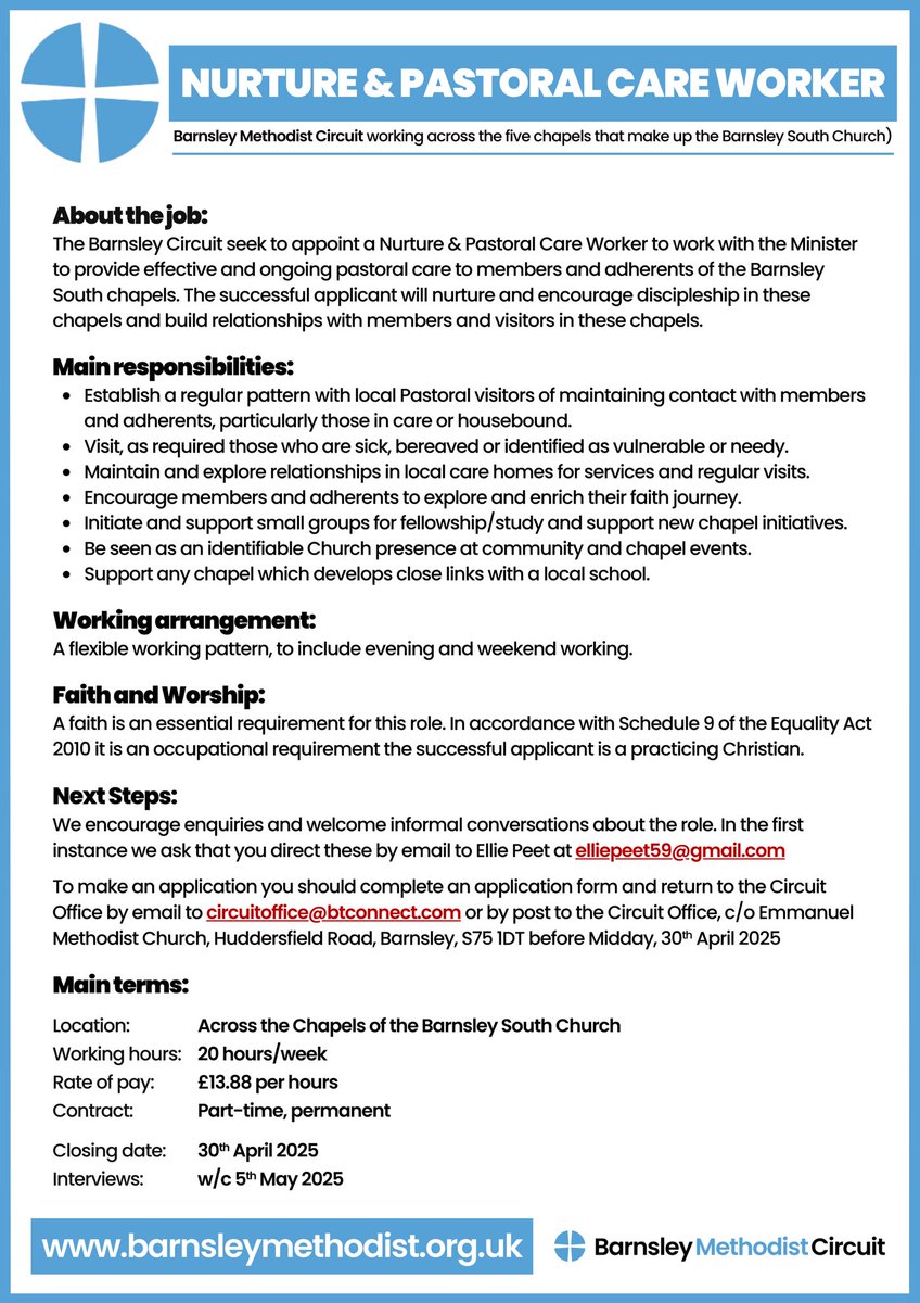 Methodist Jobs (@ukmethodistjobs) on Twitter photo JOB VACANCY // The chapels of the Barnsley South multi-site church in the Barnsley Methodist Circuit seek to appoint a Pastoral Care Worker on a permanent 20-hour a week contract
📒 Job Pack: media.methodist.org.uk/media/document…
📑 Application form: methodist.org.uk/documents/2163…
(Closes 30/04/25) JOB VACANCY // The chapels of the Barnsley South multi-site church in the Barnsley Methodist Circuit seek to appoint a Pastoral Care Worker on a permanent 20-hour a week contract
📒 Job Pack: media.methodist.org.uk/media/document…
📑 Application form: methodist.org.uk/documents/2163…
(Closes 30/04/25)