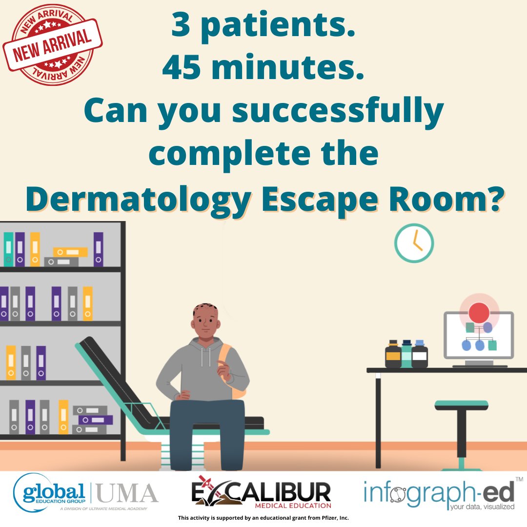 This #accredited #CME activity spans 3 #dermatology cases focused on patients with skin of color in a dynamic learning format developed with Drs Aguh &amp; Craiglow.
 
excaliburmeded.com/AA_Escape_Room
 
Supported by an educational grant from Pfizer.  <a href="/infograph_ed/">Infograph-ed</a> <a href="/Global_CME/">GlobalEducationGroup</a> #alopeciaareata