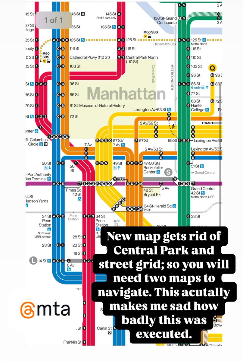gfwalkingtour's tweet photo. This makes me sad @MTA the original map with street grid and Central Park map helped us navigate the city; the new subway map will require tourists to use two maps. https://t.co/EMJDcMjQgr