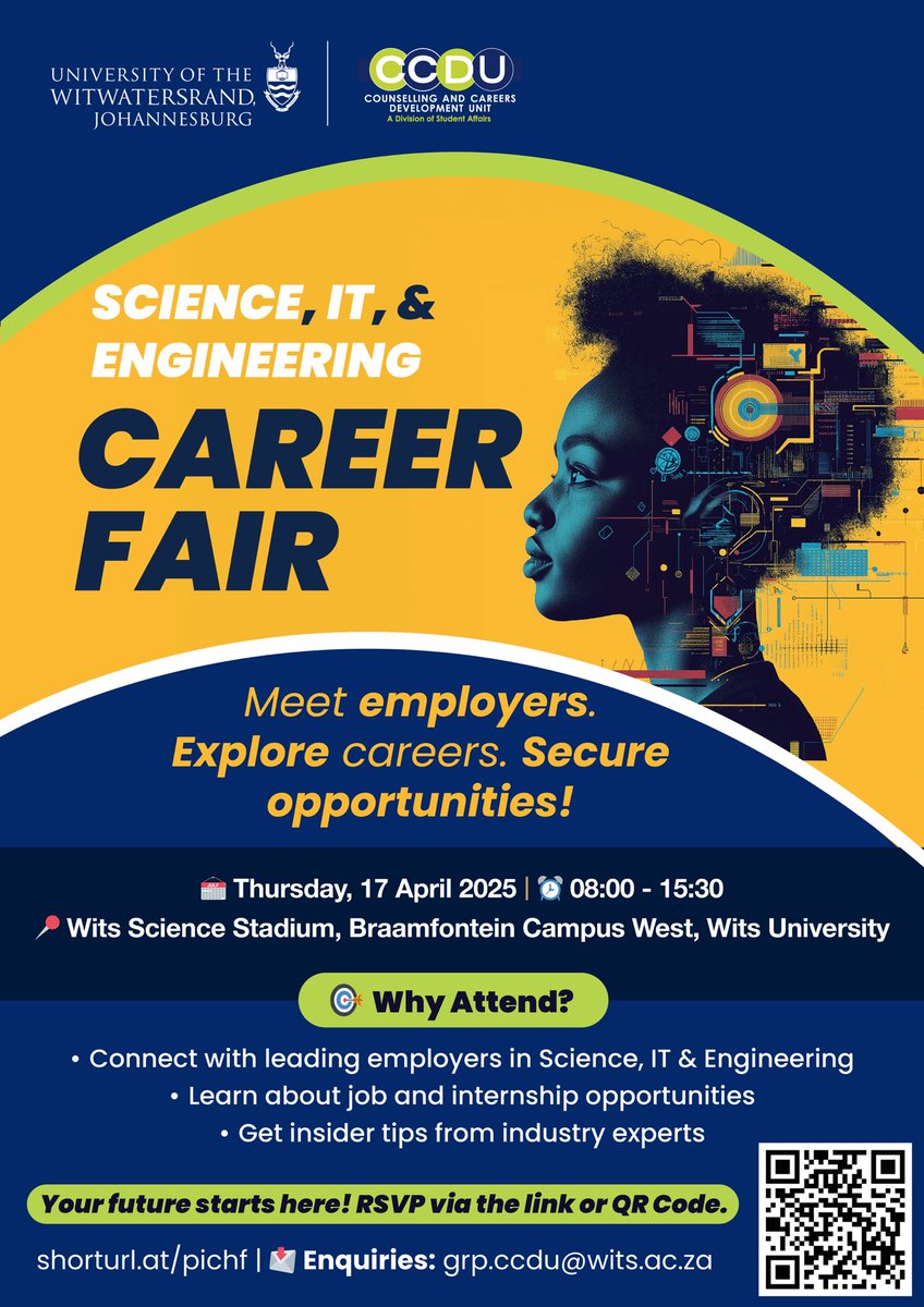 The Wits Science, IT &amp; Engineering Career Fair is around the corner! 🛠️💻🔬
It’s more than just a day—it’s a chance to rethink where your degree can take you.

Start here →
📖 linkedin.com/pulse/just-fai…

📍 RSVP: forms.office.com/r/YErc8JbR3U