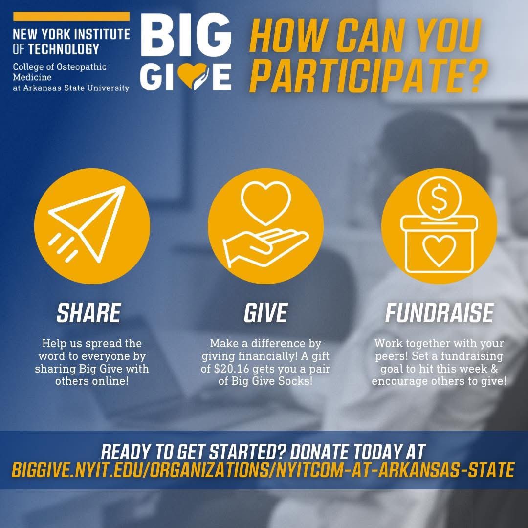 NYITCOM at Arkansas State (@nyitcomar) on Twitter photo BIG GIVE 2025 IS LIVE!🥳💙🩺🥼
SWIPE to see what Big Give is all about and how YOU🫵 can be a part of it! 
Ready to give big? Donate here: biggive.nyit.edu/organizations/… BIG GIVE 2025 IS LIVE!🥳💙🩺🥼
SWIPE to see what Big Give is all about and how YOU🫵 can be a part of it! 
Ready to give big? Donate here: biggive.nyit.edu/organizations/…