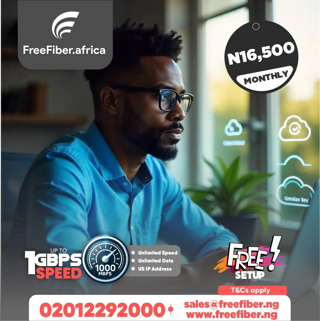 tizeti's tweet photo. Why FreeFiber? ⚡ Reliable, fast &amp; affordable internet!

Connect everything—no slowdowns.

Stream in 8K, game lag-free with 1 Gbps.

Work seamlessly from home.

Get FreeFiber for N16,500/month
📞 0201229200 | ✉️ sales@freefiber.ng 🚀

#FreeFiberAfrica #DigitalAfrica https://t.co/FWIvIy9szn