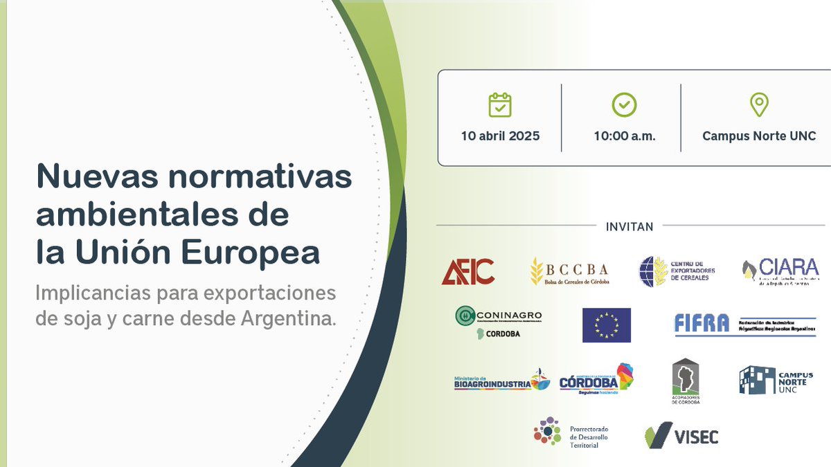 Compartimos la invitación a participar del evento sobre:
Nuevas Normativas Ambientales de la Unión Europea. 

🗓️ Jueves 10 de abril. 
🕜 10:00 a.m. 
📍 Campus Norte UNC | binged.it/3FnFCGy 

Podés confirmar tu asistencia desde este link: 
🔗 lnkd.in/dqcj2Jp6