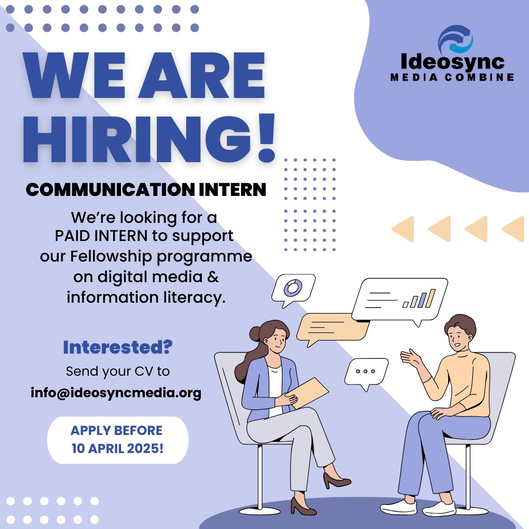 We’re looking for a Communication Intern! 

Are you interested in media and fact-checking? Join Ideosync Media Combine for a 3-month internship (April–June) to support the hashtag#Bytewise Online Fellowship!

Find the link to the terms of reference here: bit.ly/Intern-ToR