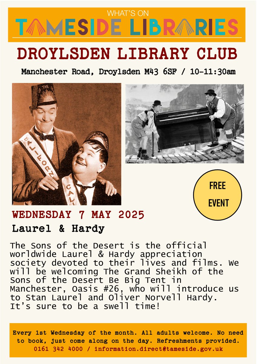 Our next Droylsden Library Club meeting is in May and we can't wait!  Come and join us to hear all about Laurel &amp; Hardy. There's no need to book, just drop in - it would be lovely to see you ☺️