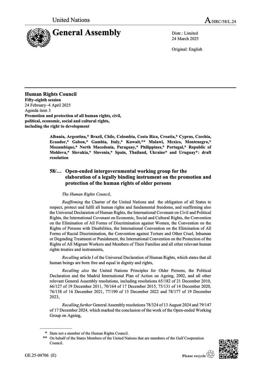 UN Decade of Healthy Ageing (2021-2030) (@undecadeageing) on Twitter photo 🚨 Transformative news! 🚨
Today, the <a href="/UN_HRC/">UN Human Rights Council</a> adopted a resolution establishing an intergov. working group to draft a legally binding instrument on older persons' rights.
Policy & law work to create #AWorld4AllAges – a critical milestone! 👏👏👏
🔗 docs.un.org/en/A/HRC/58/L.… 🚨 Transformative news! 🚨
Today, the <a href="/UN_HRC/">UN Human Rights Council</a> adopted a resolution establishing an intergov. working group to draft a legally binding instrument on older persons' rights.
Policy & law work to create #AWorld4AllAges – a critical milestone! 👏👏👏
🔗 docs.un.org/en/A/HRC/58/L.…