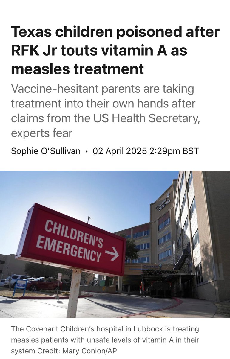 DrEricDing's tweet photo. Texas children poisoned after RFK Jr touts vitamin A as measles treatment. Several kids now suffering from liver poisoning from excessive vitamin A.

Vaccine-hesitant parents are taking treatment into their own hands after claims from RFK Jr, experts fear.
https://t.co/sQERKcfmRs https://t.co/CVDdfDoxgF