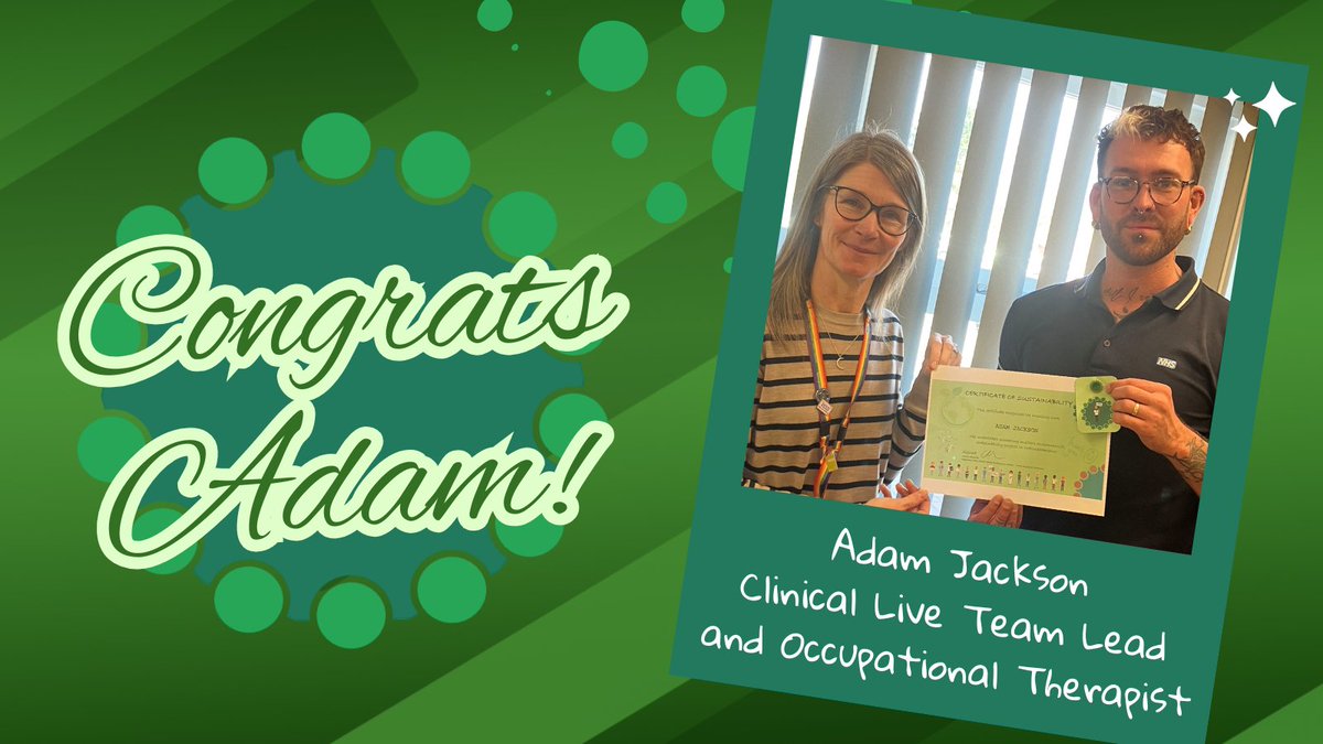 Nottinghamshire Healthcare (@nottshealthcare) on Twitter photo Huge congratulations to Adam Jackson, Clinical Live Team Lead & OT, on receiving the prestigious #GreenerAHP badge! His dedication to sustainability is transforming patient care & staff wellbeing at #TeamNottsHC👏
<a href="/WeAHPs/">WeAHPs 💙</a> <a href="/SuzanneRastrick/">Suzanne Rastrick</a> <a href="/HindleLinda/">Linda Hindle OBE</a> <a href="/FranMABen/">Frances Slowie</a> <a href="/TheLiveTeam_/">Live Team</a> Huge congratulations to Adam Jackson, Clinical Live Team Lead & OT, on receiving the prestigious #GreenerAHP badge! His dedication to sustainability is transforming patient care & staff wellbeing at #TeamNottsHC👏
<a href="/WeAHPs/">WeAHPs 💙</a> <a href="/SuzanneRastrick/">Suzanne Rastrick</a> <a href="/HindleLinda/">Linda Hindle OBE</a> <a href="/FranMABen/">Frances Slowie</a> <a href="/TheLiveTeam_/">Live Team</a>