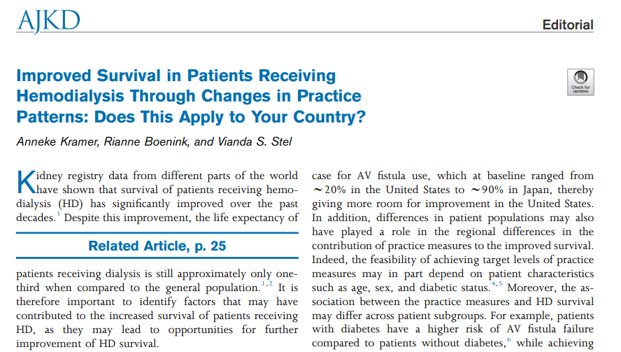 <a href="/DOPPStudy/">DOPPS</a> <a href="/MichelJado1204/">Michel Jadoul</a> <a href="/brurobinson1/">Bruce Robinson</a> <a href="/ArborResHealth/">Arbor Research</a> <a href="/UMichKidney/">University of Michigan - Division of Nephrology</a> <a href="/umichsph/">University of Michigan School of Public Health</a> Editorial by Anneke Kramer, Rianne Boenink, and Vianda S. Stel:     

Improved Survival in Patients Receiving Hemodialysis Through Changes in Practice Patterns: Does This Apply to Your Country?  

bit.ly/KramerED24 (FREE)