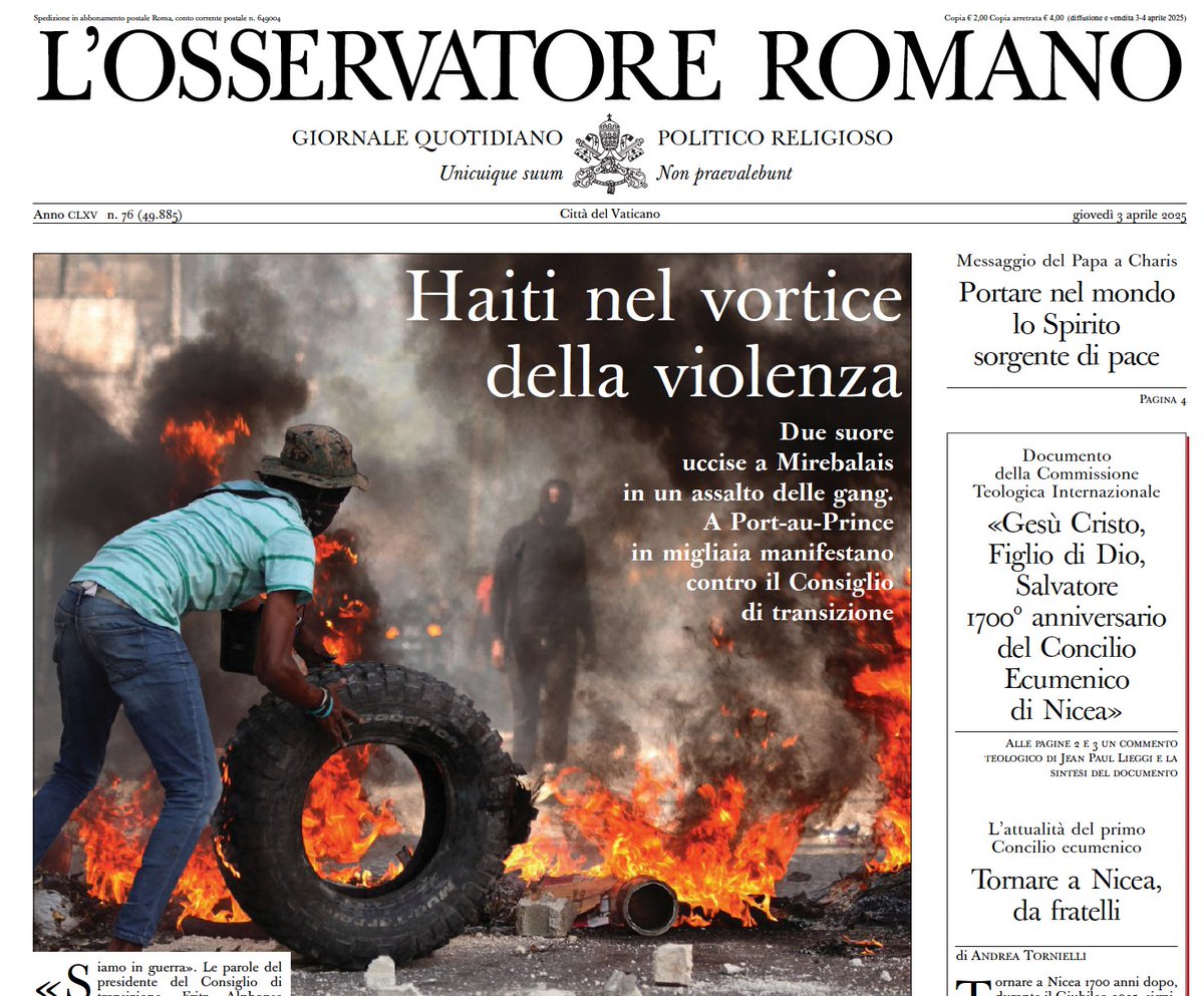 #PrimaPagina 
#Haiti nel vortice della violenza
Due suore uccise a Mirebalais in un assalto delle gang. 
A Port-au-Prince in migliaia manifestano contro il Consiglio di transizione
osservatoreromano.va/it/news/2025-0…