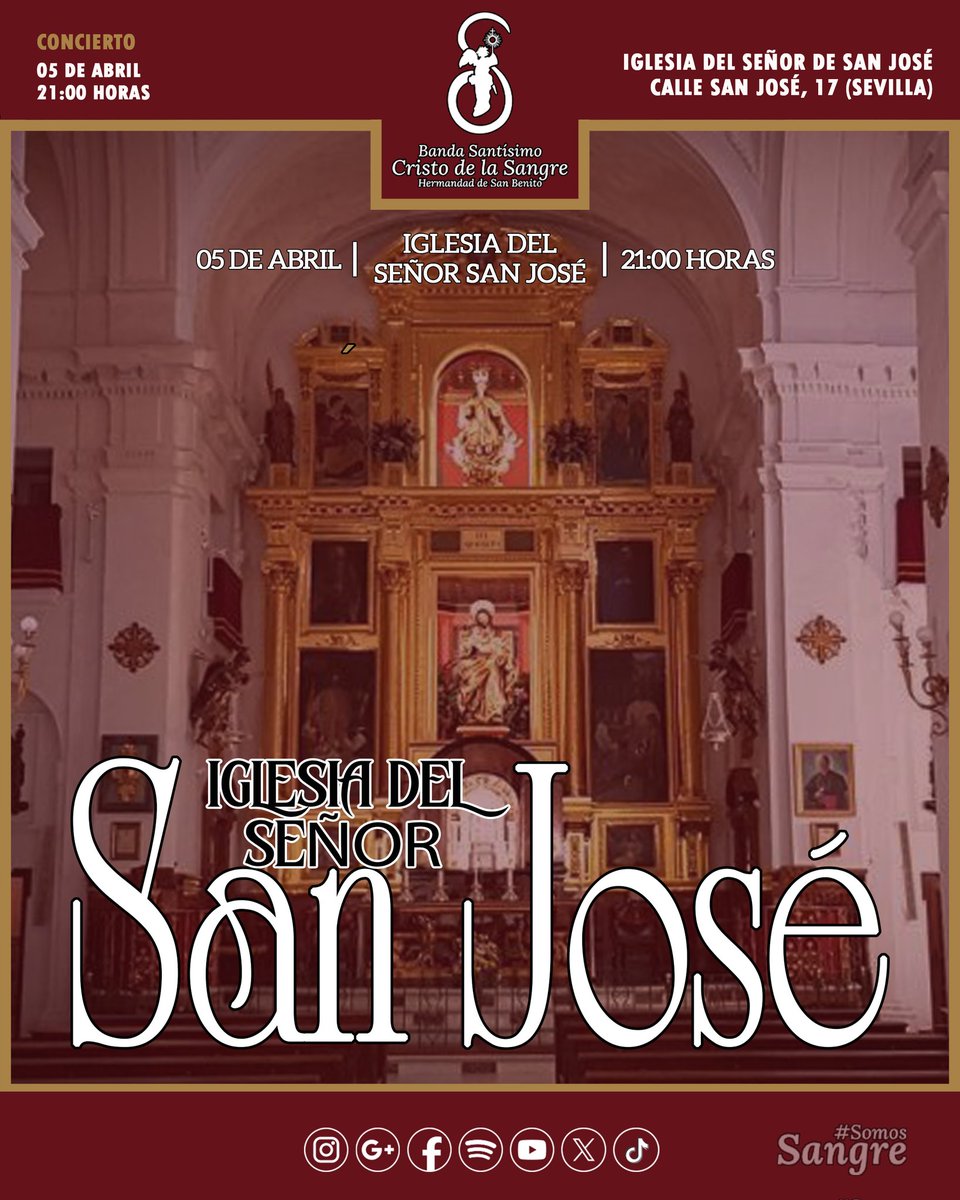 🔴 𝘾𝙊𝙉𝘾𝙄𝙀𝙍𝙏𝙊 𝙄𝙂𝙇𝙀𝙎𝙄𝘼 𝘿𝙀𝙇 𝙎𝙀𝙉𝙊𝙍 𝙎𝘼𝙉 𝙅𝙊𝙎𝙀  |

Será el próximo 𝙨𝙖𝙗𝙖𝙙𝙤 𝟱 𝙙𝙚 𝙖𝙗𝙧𝙞𝙡  a partir de las 𝟮𝟭:𝟬𝟬 𝙝𝙤𝙧𝙖𝙨 y cerrará nuestro ciclo de actuaciones previas a la Semana Santa. 

#SomosSangre