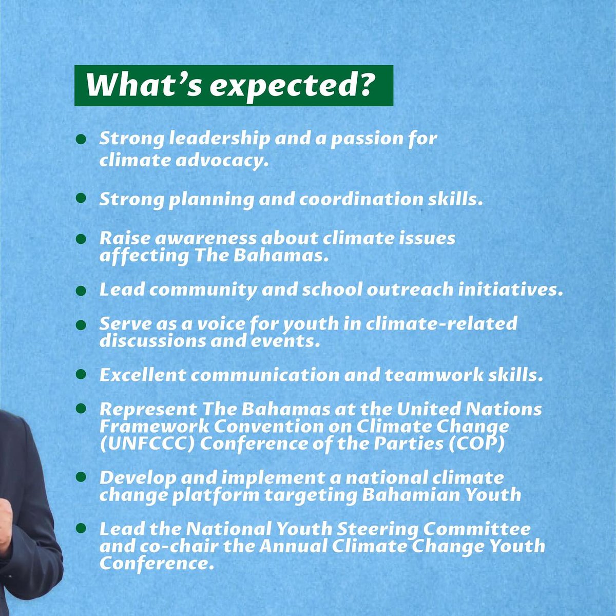 Are you ready to be the next Climate Change Youth Ambassador of The Bahamas? 

Apply today! rb.gy/lxzj9b.