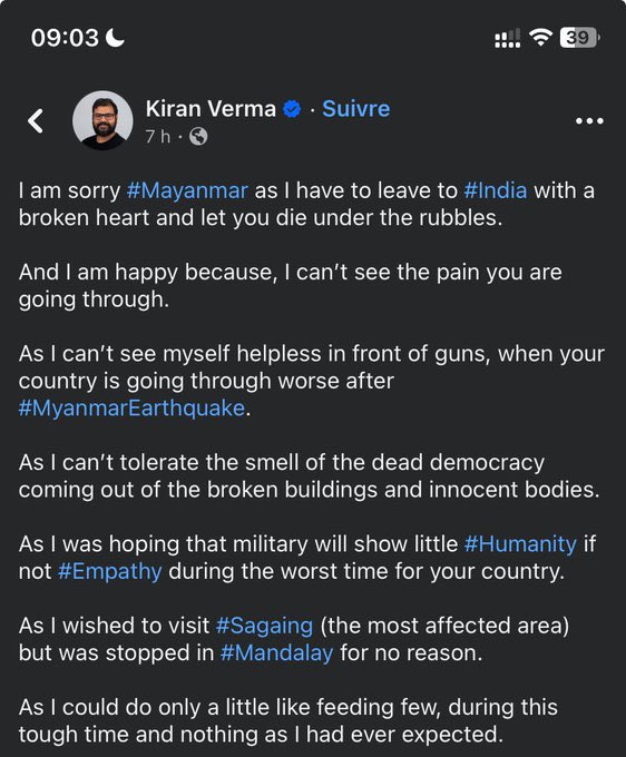 Please don’t neglect the evil act of the military junta and stop welcoming them. Even the foreigner is showing more concern to our people while the junta is continuing its cruel act, not considering the situation of the civilians. 

JUNTA ATTACKS POST QUAKE
#DisasterInMyanmar