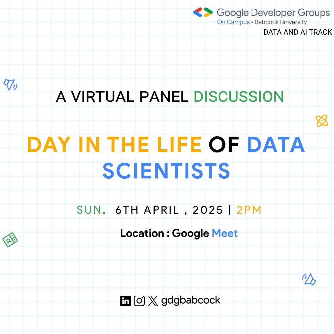 gdgbabcockdata's tweet photo. Upcoming Event‼️

“Day in the Life of Data Scientists: A Virtual Panel Discussion”

📆 Date: Sunday, April 6th, 2025
⏲️ Time: 2 p.m.
Venue: Virtual, Google Meet

You don’t want to miss this! https://t.co/keTbrzVHVd