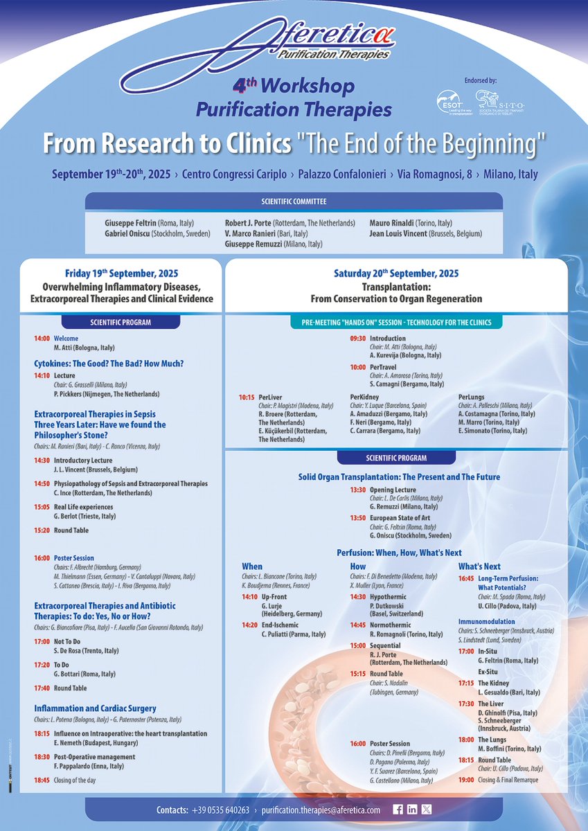 📢 The program of the 4ᵗʰ #WPT: From Research to Clinics - "The End of the Beginning" (September 19th – 20th, 2025, Milan) is now online!

👉 Download here bit.ly/4cr1YU4 and join the #CollaborativeResearch

 👉 purificationtherapies.it