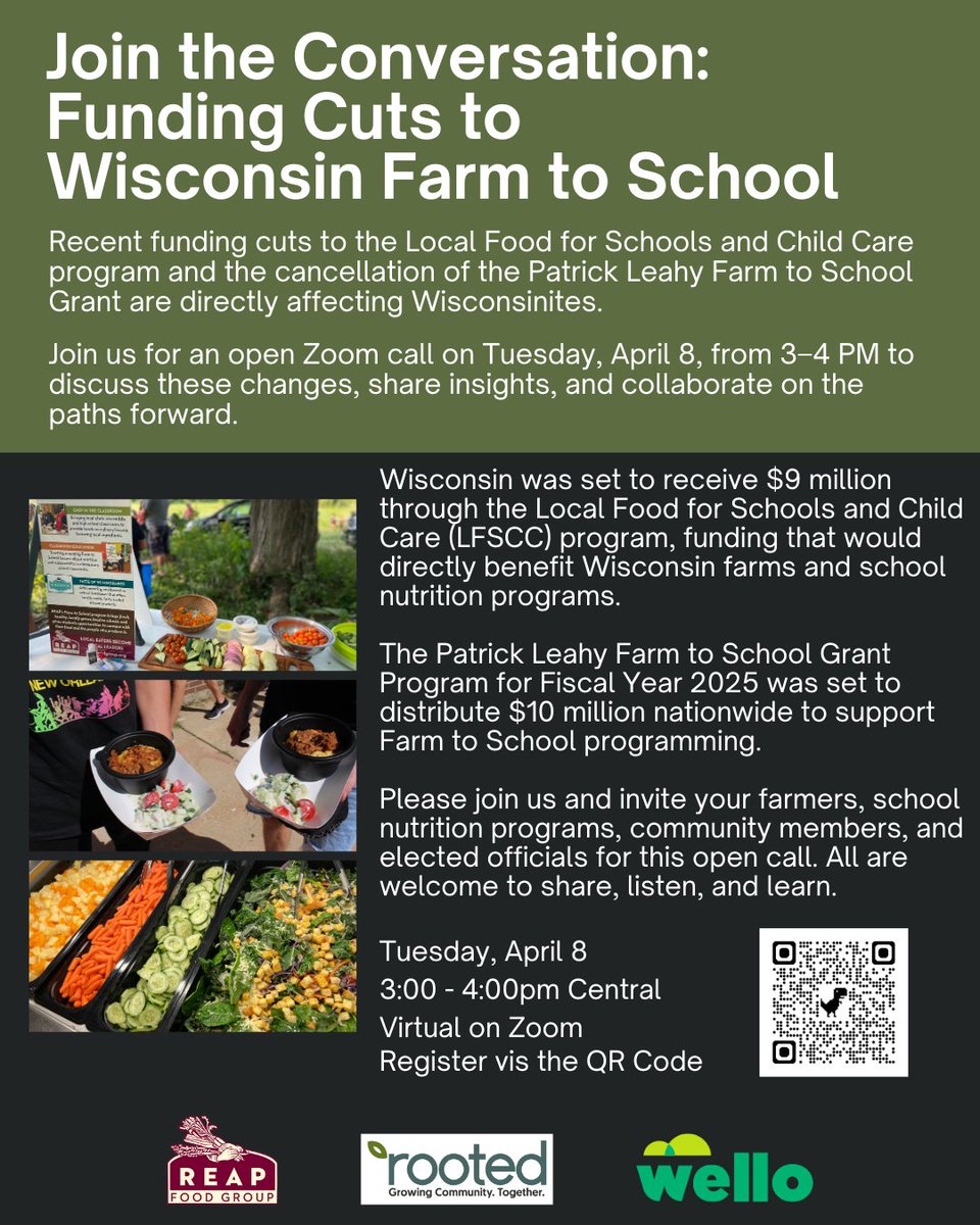 With the recent funding cuts affecting families in Wisconsin, a few of our partners (<a href="/REAPMadison/">REAP Food Group</a>, Rooted, <a href="/welloggb/">Wello</a>) are coming together to hold a call to discuss the changes, share insights, and collaborate with others on a path forward. Register here ➡️ shorturl.at/UIJ2E