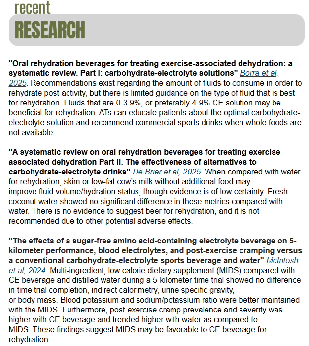 📢 New Research to Clinical Practice Series Issue: ELECTROLYTES 💧🏃‍♀️✨⁠

The April issue of the Research to Clinical Practice newsletter is here, and it’s all about the importance of proper hydration for maintaining optimal athletic performance!

💪💧 bit.ly/3E1jamd