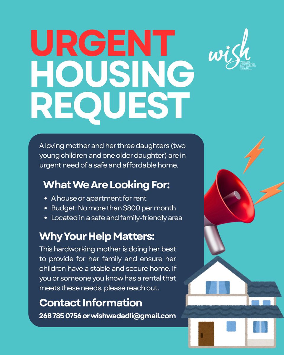 🚨 URGENT: Safe &amp; Affordable Housing Needed! 🚨

A hardworking mother and her three daughters need a home in a safe area for $800/month or less.

If you have or know of a rental that fits, please reach out ASAP!

📞 268-785-0756
📧 wishwadadli@gmail.com