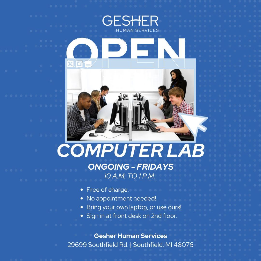 Need a space to get work done? 💻✨ Our Open Computer Lab is available every Friday at Gesher! Whether you need to job search, update your resume, or just access the internet, we’ve got you covered. Stop by and take advantage of this free resource! #GesherServices
